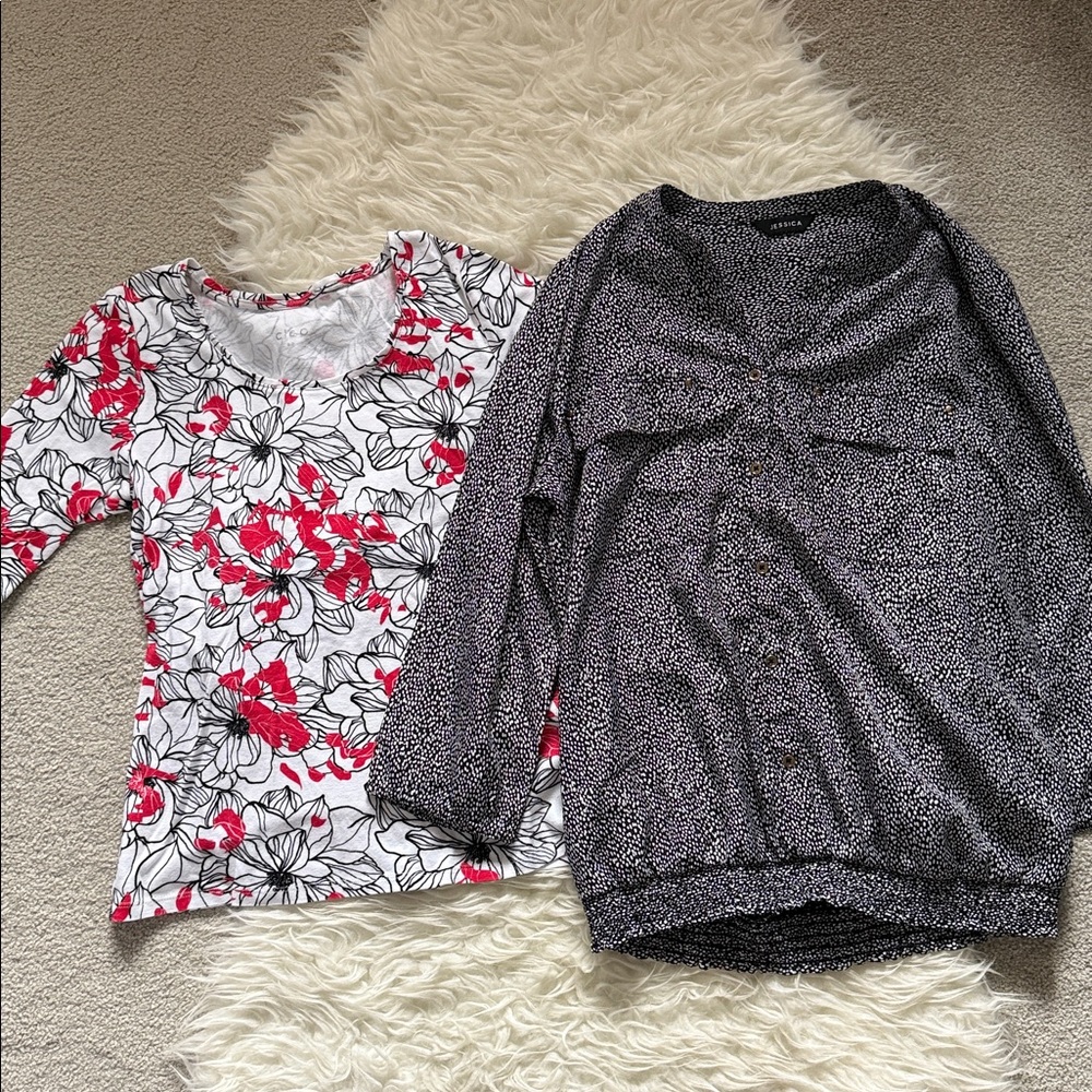 Lot of 2 Tops: Jessica V-Neck Black & White Polka Dot Top & Cleo Floral Shirt